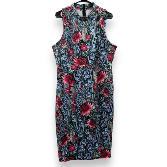 ASOS Purple Pink Green Floral Print Sleeveless Sheath Midi Dress Size 14 - Picture 1 of 9